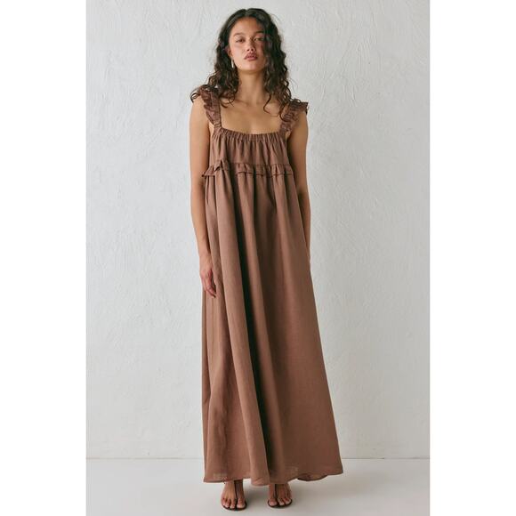 VRG GRL Rossana Linen Maxi Dress Chocolate Brown Sleeveless Size 10 NWT - Picture 1 of 8